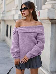 SHEIN Cottnline Women Bardot Neck Pullover With Buckle Detail - Lilac Purple - View 1