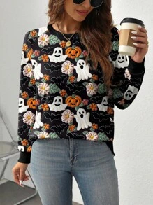 EMERY ROSE Plus Size Halloween Ghost, Pumpkin, Bat Graphic Print Raglan Sleeve Sweatshirt Fall Cloth For Women Winter Autumn - Multicolor - View 4