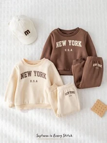 Cozy Pixies 4 件套男婴套装：柔软针织字母印花圆领长袖运动衫和松紧腰慢跑裤 - 杏色 - 查看 9