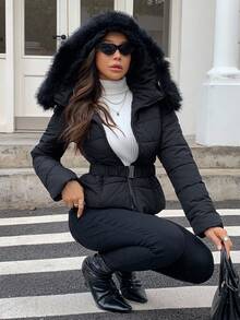 DAZY Women's Autumn/Winter Fitted Padded Coat With Furry Collar And Waist Drawstring Jacket - Black - View 9