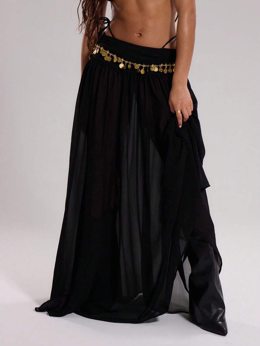 MUSERA Boho Low Rise Chiffon Maxi Skirt Vacation Summer Ibiza Fits Sands    Party Spring Summer Elegant Holiday - Black - View 1