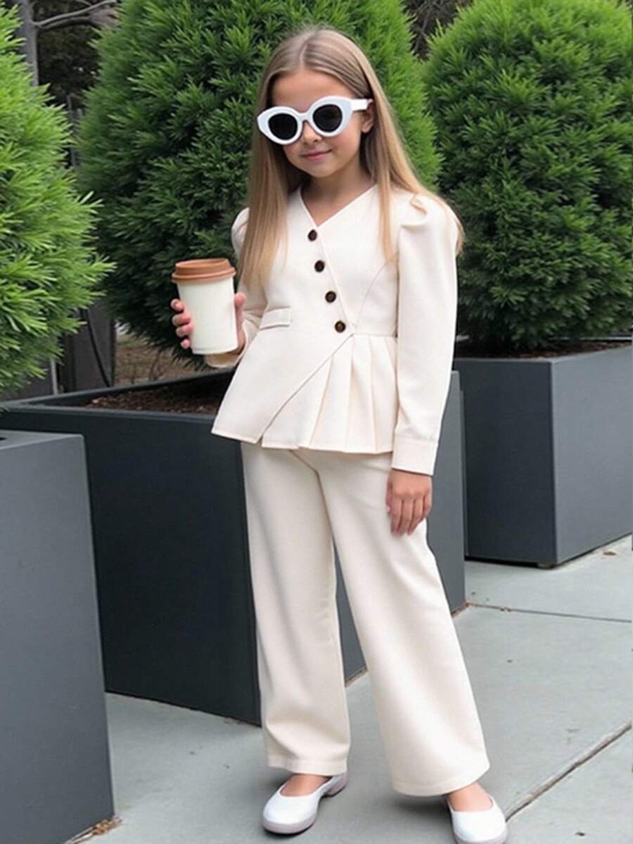 SHEIN 女童时尚杏色不对称设计长袖纽扣假口袋褶皱上衣搭配舒适休闲裤外套套装，秋冬季 - 杏色 - 查看 1