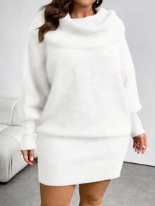 Firerie Plus Size Casual Versatile Y2K Style Off Shoulder Long Sleeve Sweater Dress, Comfortable For Commuting & Daily Wear, Retro Gray, Autumn/Winter - White - View 3