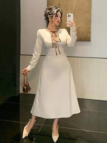DAZY Women's Elegant Contrast Color Tie Waist Mid-Length Dress, Autumn Maxi Dress - Beige - View 9