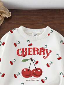 SHEIN 1 套女婴休闲时尚可爱甜美樱桃图案和“CHERRY”字母印花圆领运动衫和裤子套装，白色连帽衫套装，秋冬 - 彩色 - 查看 4
