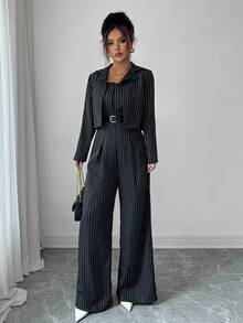 Selianne Elegant Black & White Striped Strapless Jumpsuit With Backless Design + Short Jacket, Women 2 Pieces Set, Autumn/Winter Fall Cloth For Women - Black - View 7
