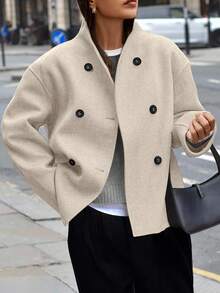 EMERY ROSE 女士休闲通勤纯色双排扣大衣，秋冬 - 杏色 - 查看 1