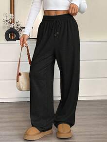 SHEIN EZwear Plus Size Women's Casual Loose Drawstring Wide Leg Sweatpants, Black Loose Pants For Women Elastic Waist Pants Women Lounge Pants Women Casual Pants,Fall Clothes For Women