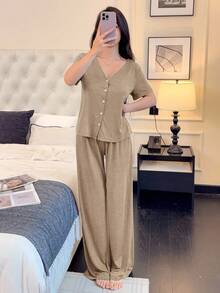 SHEIN Women's Solid Color Short Sleeve Casual Knit Comfortable Loungewear Set - Khaki - View 3