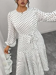 Auvina Vestido midi de talla grande para mujer, elegante, vintage, romántico, para uso diario y de fiesta, con cuello redondo, manga 3/4, lunares, cintura plisada y parches