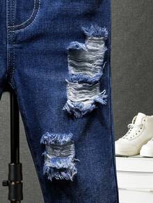 Young Boys' Dark Blue Washed Distressed Straight Fit Jeans,Elastic Waistband Kids Ripped Jeans,Comfortable Casual Back-To-School,80s,Summer Denim - Dark Wash - View 7