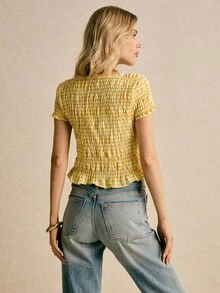 Poéselle Áo sơ mi nữ cổ tròn tay ngắn viền bèo nhún thời trang - Màu vàng - Xem 3