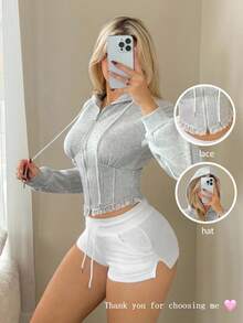 Sweetina Lace Decor Waist Drawstring Hoodie Autumn Winter Clothes For Women - Light Grey - View 4