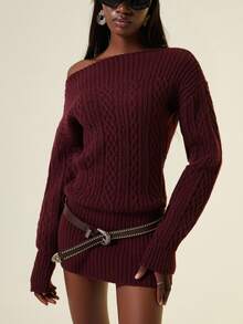 Autumn/Winter New Slouchy Elastic Fitted Off Shoulder Sweater Dress Fall Cloth For Women - Burgundy - View 3