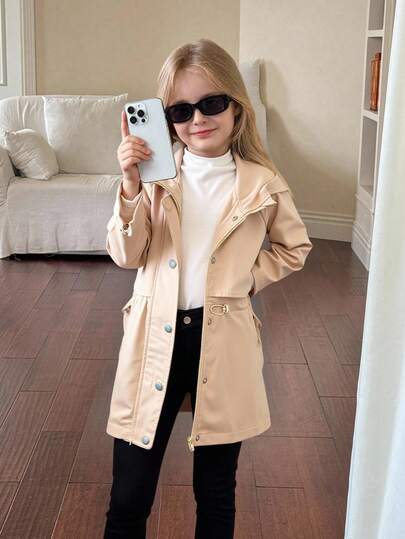 Young Girl Solid Color Hooded Waist Drawstring Casual Windbreaker Girls Spring Jacket Kid Girl Jacket Girls Hooded Jacket Girls Trench Coat Girls Beige Jacket,In Fall/Winter