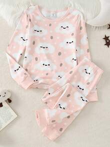 青少年女孩可爱云朵印花粉色圆领长袖和裤子针织弹力面料舒适合身两件套家居服套装