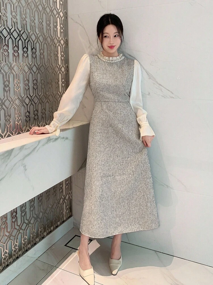 Women's Round Neck Color Block Pearl Decor Dress, Waist Cinched, Textured Fabric, Elegant