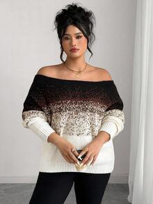 Elenzga Plus Size Women Vintage Off-Shoulder Gradient Color Knit Sweater, Elegant Casual Pullover Top Winter Fall Autumn