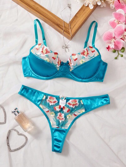SHEIN 2pcs/Set Women's Jacquard Embroidery Splicing Sheer Supportive Bra & Panty Lingerie Set Floral Lingerie Set Embroidered Lingerie Set Panty And Bra Set Satin Lingerie Set