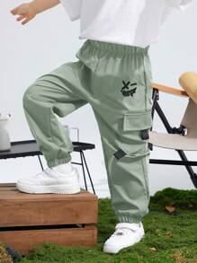 SHEIN 青少年男童休闲运动图案印花口袋宽松抽绳工装裤，适合通勤、上学、日常休闲、旅行、运动、春夏秋冬