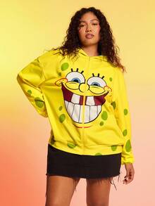 SpongeBob SquarePants | SHEIN 加大码卡通图案拉链连帽长袖卫衣 黄色拉链卫衣 印花卫衣 女款卫衣 可爱卫衣 黄色经典街头时尚可爱卡通表情印花宽松连帽卫衣 黄色卫衣 可爱卫衣 卡通卫衣 - 黃色 - 查看 3