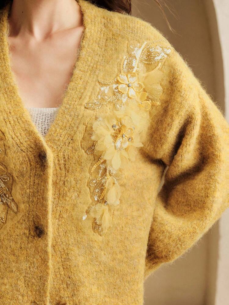 Elegant Solid Color Knitted Cardigan With High-Density Sequin 3D Floral Decor, V-Neck Casual Knit Jacket For Women, Autumn/Winter