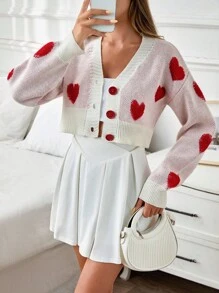 EURMUSE Petite Casual Button Front Heart Jacquard 3D Embroidery Detail Romantic Love Print Autumn Winter Cardigan,Cardigans For Women,Long Cardigans Woman,Cardigans - Apricot - View 5