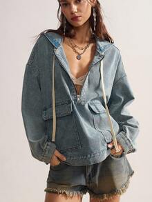 Bohemela 女士秋季落肩长袖拉链半开襟实用口袋休闲连帽外套牛仔外套女式牛仔外套女式宽松牛仔外套蓝色牛仔外套女式牛仔连帽衫秋季女式秋季女式冬季女式乡村风女式拉链连帽衫连帽衫拉链乡村音乐会西部连帽衫西部服装女式邮轮女式乡村音乐会波西米亚风女式