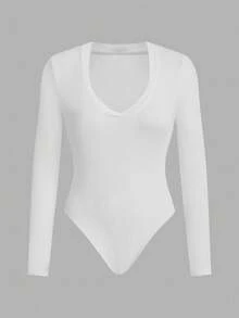 SHEIN EZwear 2 件套休闲纯色针织性感 V 领修身长袖甜心领女式紧身衣 - 彩色 - 查看 3