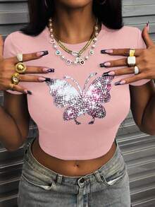 INAWLY Camiseta corta de manga corta casual con cuello redondo y decoración de strass, para verano