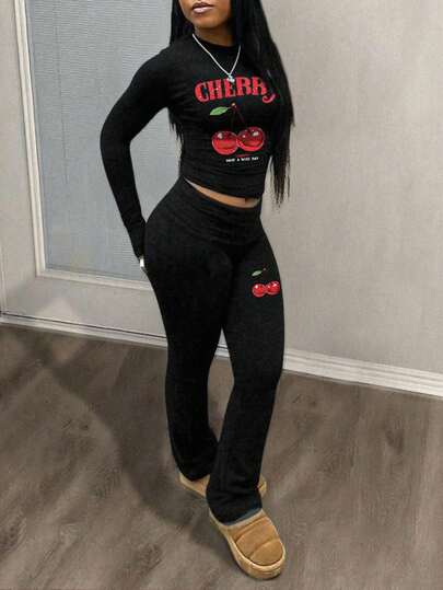 Slaydiva 2025fall Clothes For Women/Winter Clothes For Women/Sets 2 Pieces Women/Flare Jeans/Long Sleeve Tops/Casual Round Simple Collar Long Sleeve Yoga Pants Short Pleated Top Yoga Wide Leg Pants Flared Pants Trousers Women's Two Pieces Suit/Cherry Graphic/Y2k Clothes/Streetwear/Going Out Tops Women/