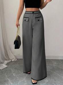 Elenzga Bohemian Contrast Ribbon Button Mature Charm Elegant Loose Wide Leg Maxi Women Pants, Spring/Summer Fall Cloth For Women