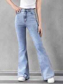 Sparklyn 少女休闲时尚简约设计洗水浅蓝色喇叭牛仔裤 - 中等水洗藍 - 查看 4