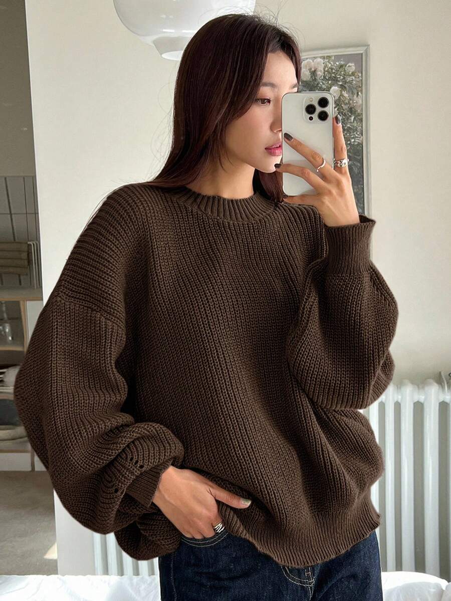 DAZY Women's Autumn/Winter Solid Color Loose Dropped Shoulder Round Neck Ribbed Knit Sweater - Rust Brown - View 1