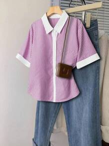 SHEIN LUNE 大码夏季休闲条纹短袖衬衫 - 中紫紅色 - 查看 1