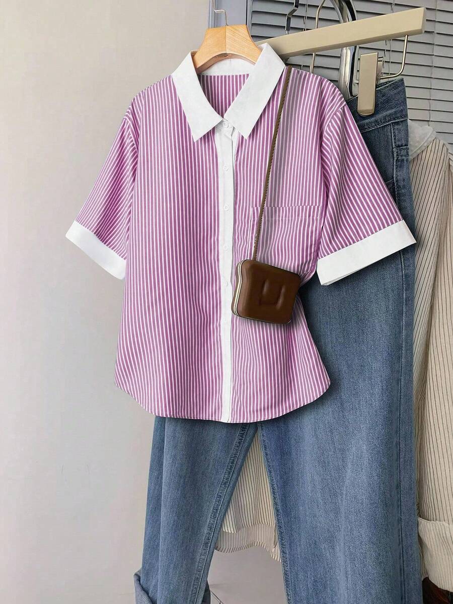 SHEIN LUNE 大码夏季休闲条纹短袖衬衫 - 中紫紅色 - 查看 1