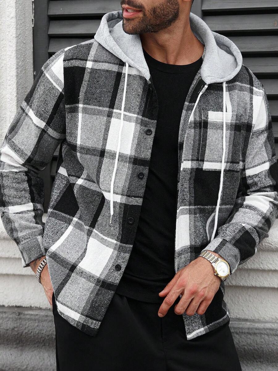 Manfinity CasualCool Men Plus Size Plaid Drawstring Hooded Outing Casual Shacket No T-Shirt, Boyfriend Gifts , Fall