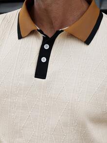 Manfinity CasualCool 大码男式夏季休闲商务撞色条纹纹理针织 Polo 衫 - 杏色 - 查看 6