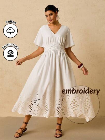 SHEIN VCAY 大码女式白色棉质刺绣连衣裙，V 领短袖腰 A 字连衣裙，浪漫约会连衣裙波西米亚风白色中长连衣裙白色孔眼连衣裙白色 V 领连衣裙女式白色连衣裙刺绣白色连衣裙秋季服装婚礼宾客礼服仙女连衣裙女式秋季连衣裙波西米亚风女装全白派对服装女式曲线婚礼宾客礼服