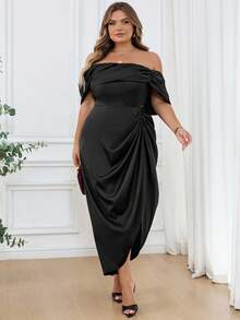 SHEIN CURVE+ 大码女式优雅垂坠中长连衣裙，适合婚礼、伴娘、鸡尾酒会/秋冬 - 黑色 - 查看 7