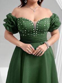 Coutiva 优雅落肩热格纹水钻深 V 领泡泡褶短袖摇摆舞会礼服，适合生日派对、毕业典礼、晚宴 - 墨綠色 - 查看 4