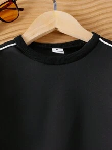 SHEIN 2件套少女条纹圆领休闲运动衫和运动裤套装 - 黑色 - 查看 6