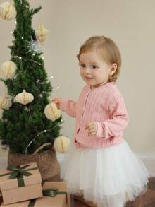 SHEIN Babygirl Pink Knit Cardigan & Tulle Skirt Set, Cute Outfit For Outings And Parties - Multicolor - View 1
