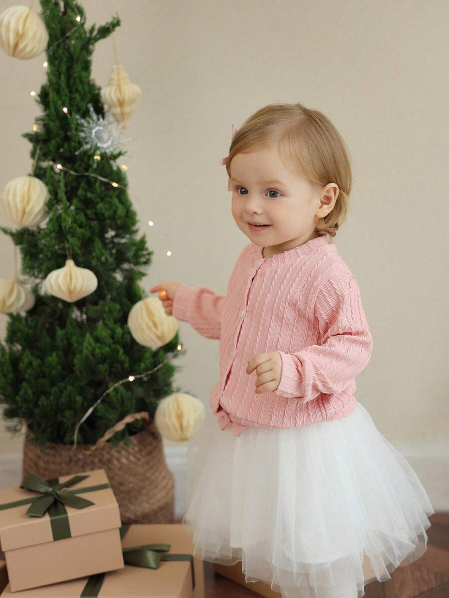 SHEIN Babygirl Pink Knit Cardigan & Tulle Skirt Set, Cute Outfit For Outings And Parties - Multicolor - View 1