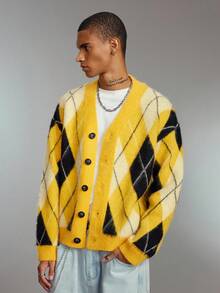 ROMWE MEN Prep Men's Jacquard Knit Cardigan, Loose Short Style Sweater, Fall Winter, Long Sleeve Top - Yellow - View 4