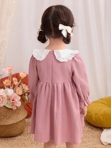 Blossori Baby Girls' French Elegant Colorblock Embroidered Floral Trim Long Sleeve Dress Fall Winter - Multicolor - View 2