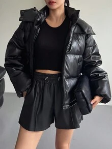 DAZY 女士宽松街头风连帽羽绒服外套冬季皮夹克 - 黑色 - 查看 1