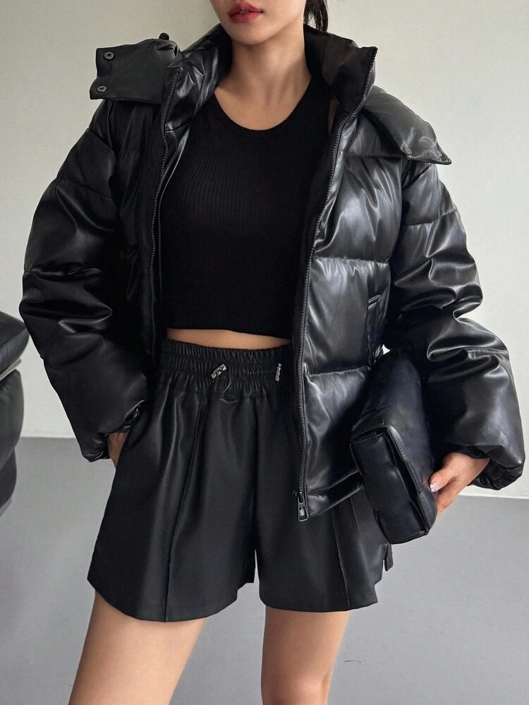 Women's Loose Street Style Hooded Padded Coat Jacket Winter Leather Jacket