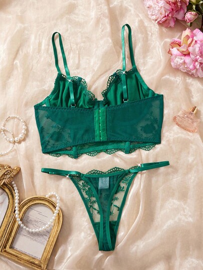 Wit Romantic Long BH Lingerie Set Butterfly Kanten Groen view 2