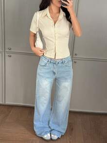 ChicEase 法式修身黄白条纹短袖优雅女式办公室衬衫 - 杏色 - 查看 5